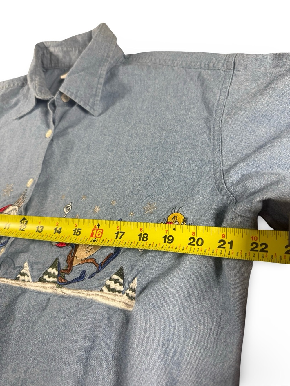 VTG 90's Looney Tunes Warner Bros. Studio Store Denim Button Up Shirt Size S - Picture 10 of 12